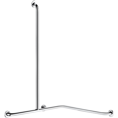 Angled shower grab bar with vertical bar, bright stainless steel