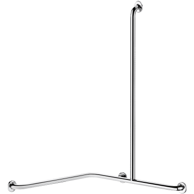 Angled shower grab bar with vertical bar, bright stainless steel