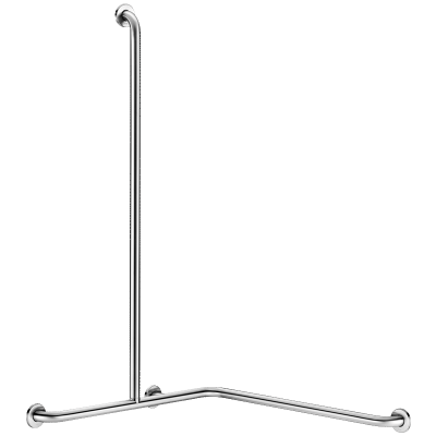 Angled shower grab bar with vertical bar, satin stainless steel